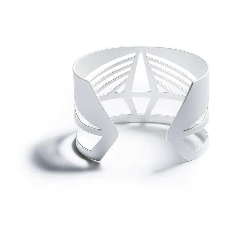 Bold, modern, and adjustable silver-plated cuff bracelet modeled after the Ravenel Bridge in South Carolina, with the bridge's year of construction and geographic coordinates etched on the inner cuff. Hand-crafted in Portland, Oregon.