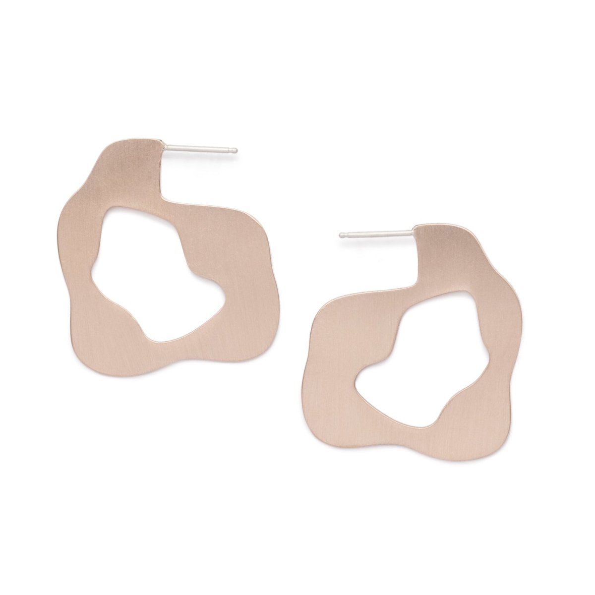 Lightweight, flat, bronze hoops with curvy edges, soldered to sterling silver earring posts. Hand-crafted in Portland, Oregon.