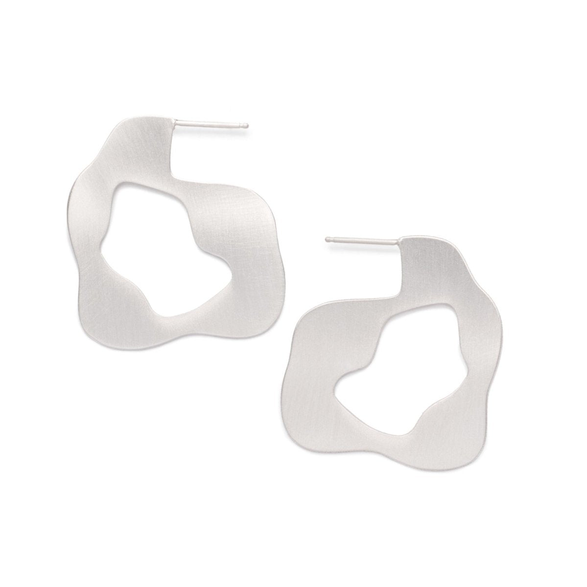 Lightweight, flat, sterling silver hoops with curvy edges, soldered to sterling silver earring posts. Hand-crafted in Portland, Oregon.