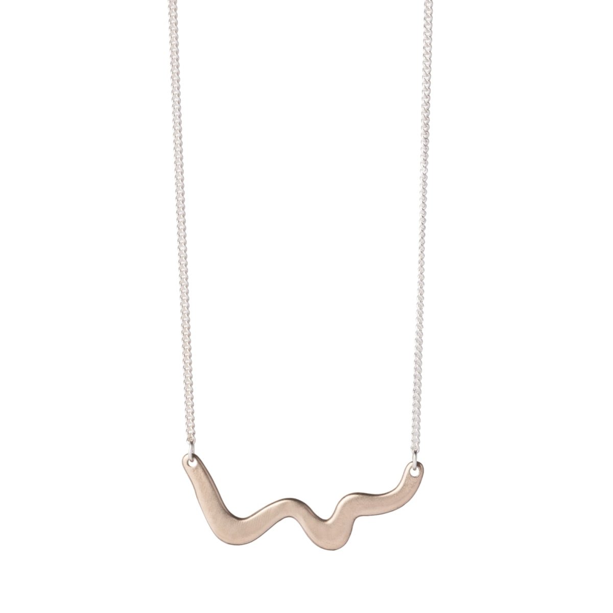 Small and delicate wave pendant of cast bronze, affixed on each end to a delicate, sterling silver chain. Hand-crafted in Portland, Oregon.