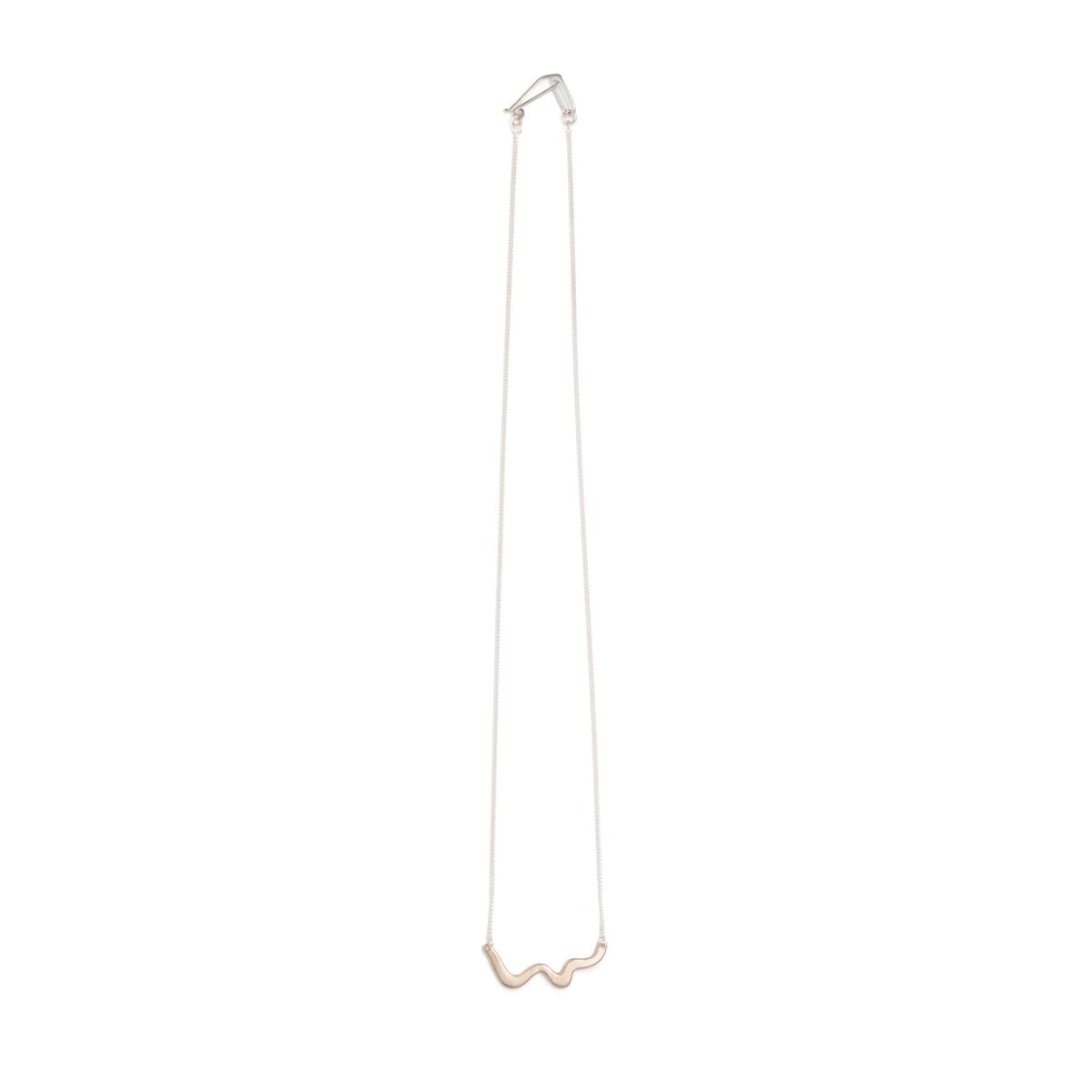 Small and delicate wave pendant of cast bronze, affixed on each end to a delicate, sterling silver chain, with a hand-formed sterling silver clasp and closure. Hand-crafted in Portland, Oregon.