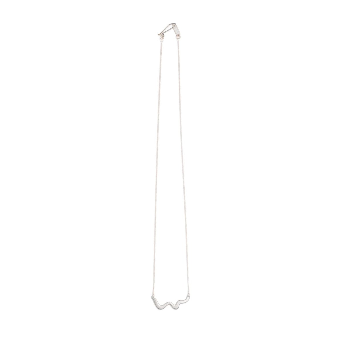 Small and delicate wave pendant of sterling silver, affixed on each end to a delicate, sterling silver chain, with a hand-formed sterling silver clasp and closure. Hand-crafted in Portland, Oregon.