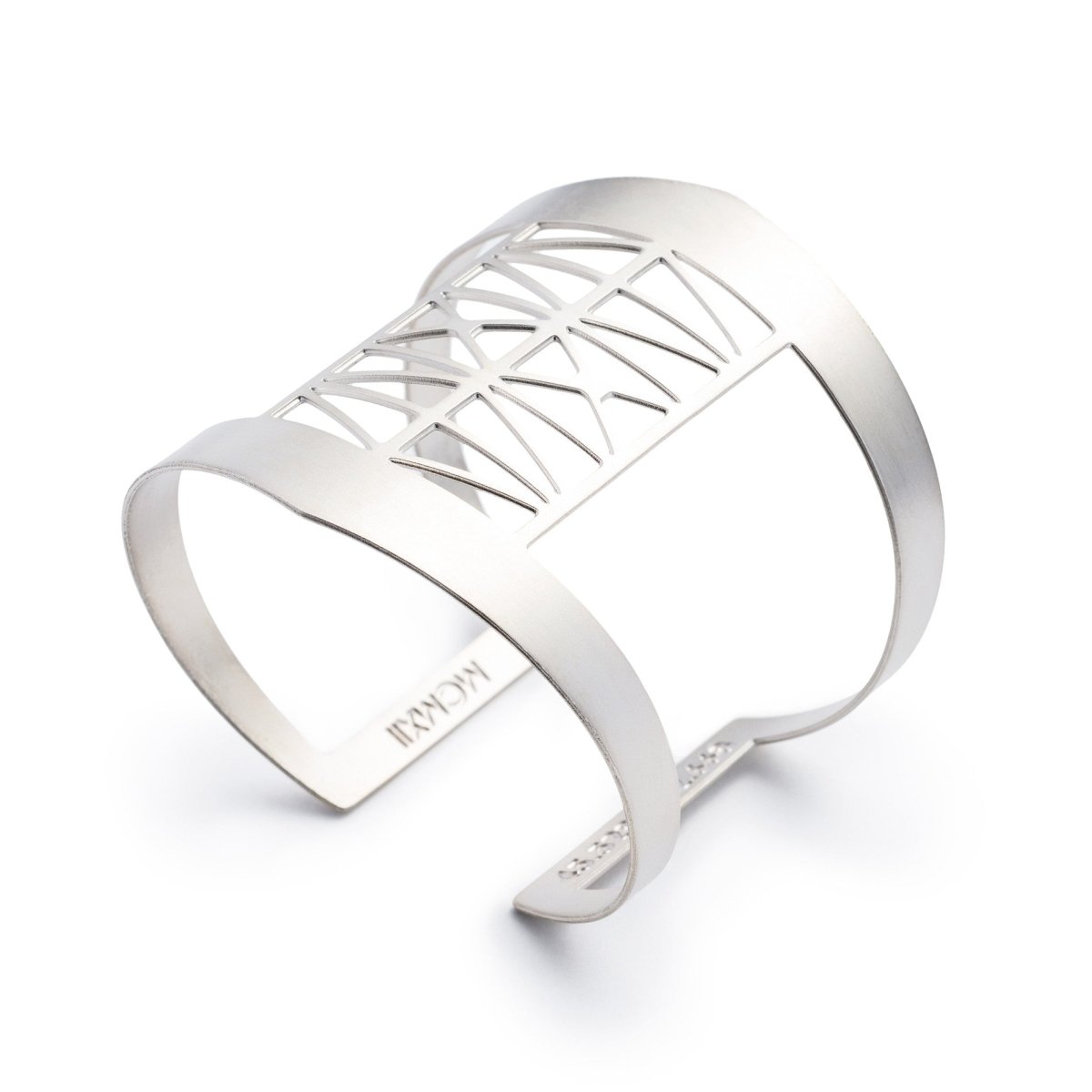 Modern, bold, and adjustable silver-plated cuff bracelet modeled after the Steel Bridge in Portland, Oregon, with the bridge's coordinates and date of construction engraved on the inner cuff. Hand-crafted in Portland, Oregon.