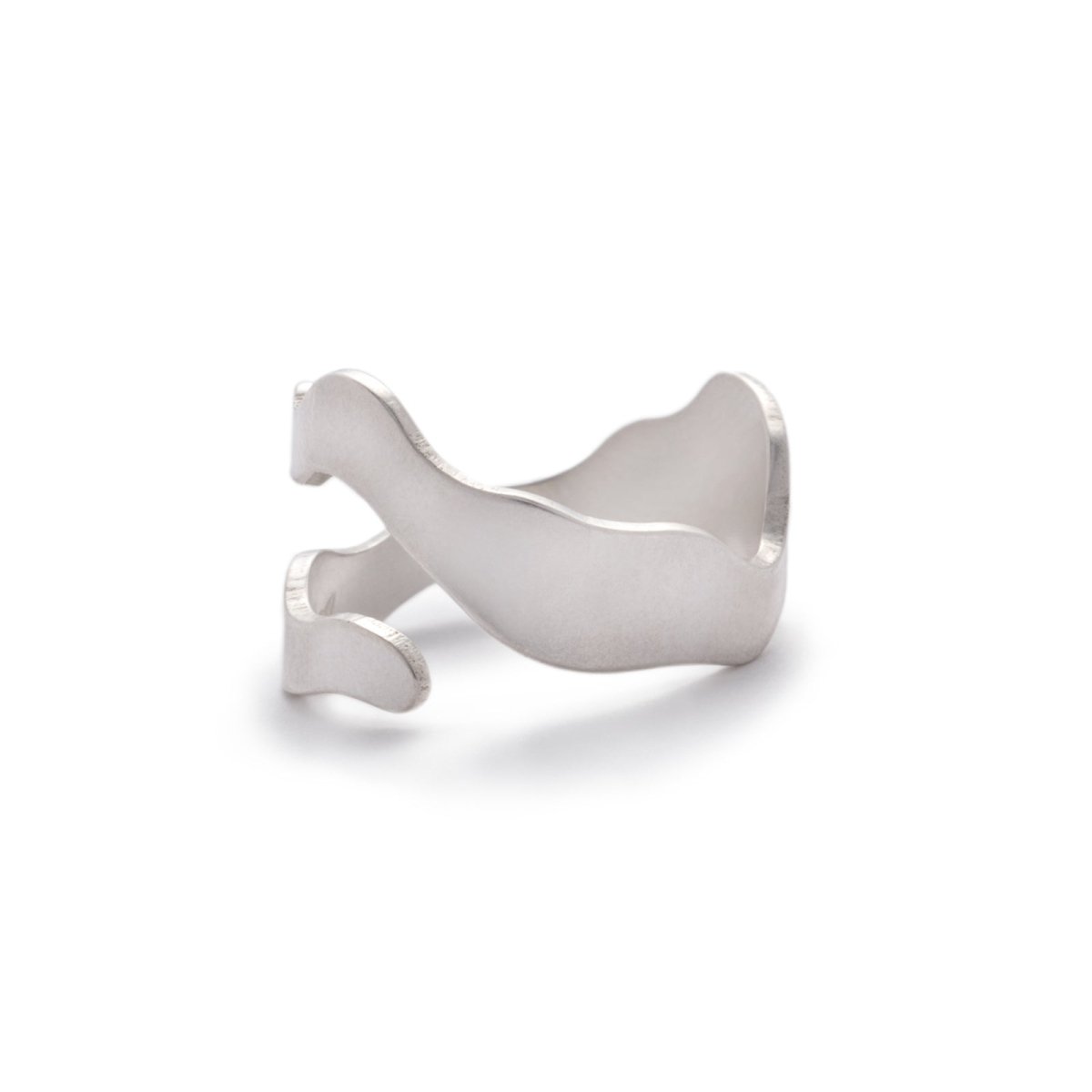 Sleek and simple brushed sterling silver adjustable ring, featuring a wavy shape inspired by Portland's Willamette River. Hand-crafted in Portland, Oregon.