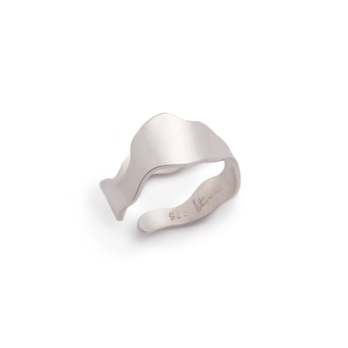 Sleek and simple brushed sterling silver adjustable ring, featuring a wavy shape inspired by Portland's Willamette River and the betsy & iya logo etched inside the band. Hand-crafted in Portland, Oregon.