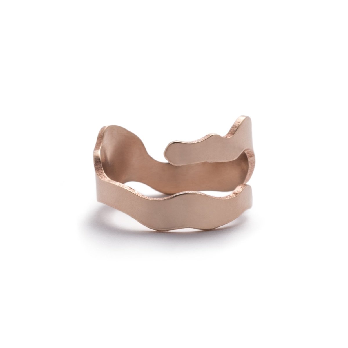 Sleek and simple brushed bronze adjustable ring, featuring a wavy shape inspired by Portland's Willamette River. Hand-crafted in Portland, Oregon.