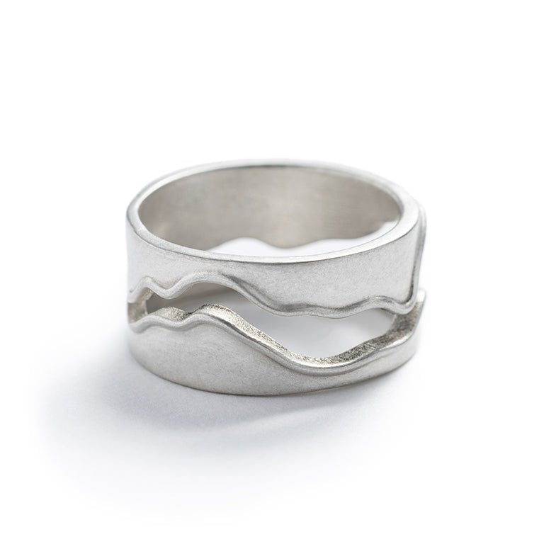 Thick, unisex, sterling silver band, featuring a curved, wavy cutout modeled after the shape of the Willamette River in Portland, Oregon. Hand-crafted in Portland.