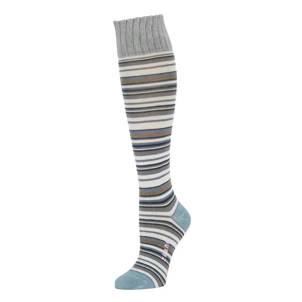 A knee high striped sock with blue, grey and brown stripes in varying widths. The toe and heel are a light blue color, and the cuff of the sock is grey. The Elizabeth Variegated Knee High Sock is from zkano and made in Alabama, USA.