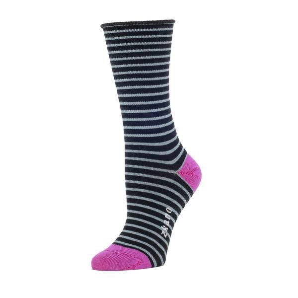 Black and grey striped sock against a white background. The heel and toe of the sock are a fuchsia color. The Rose Roll Top Stripe Slouch Sock from Zkano is made in Alabama, USA.