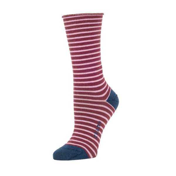 Red and pink striped sock against a white background. The heel and toe of the sock are a dark blue color. The Rose Roll Top Stripe Slouch Sock in Mulberry is from zkano and made in Alabama.