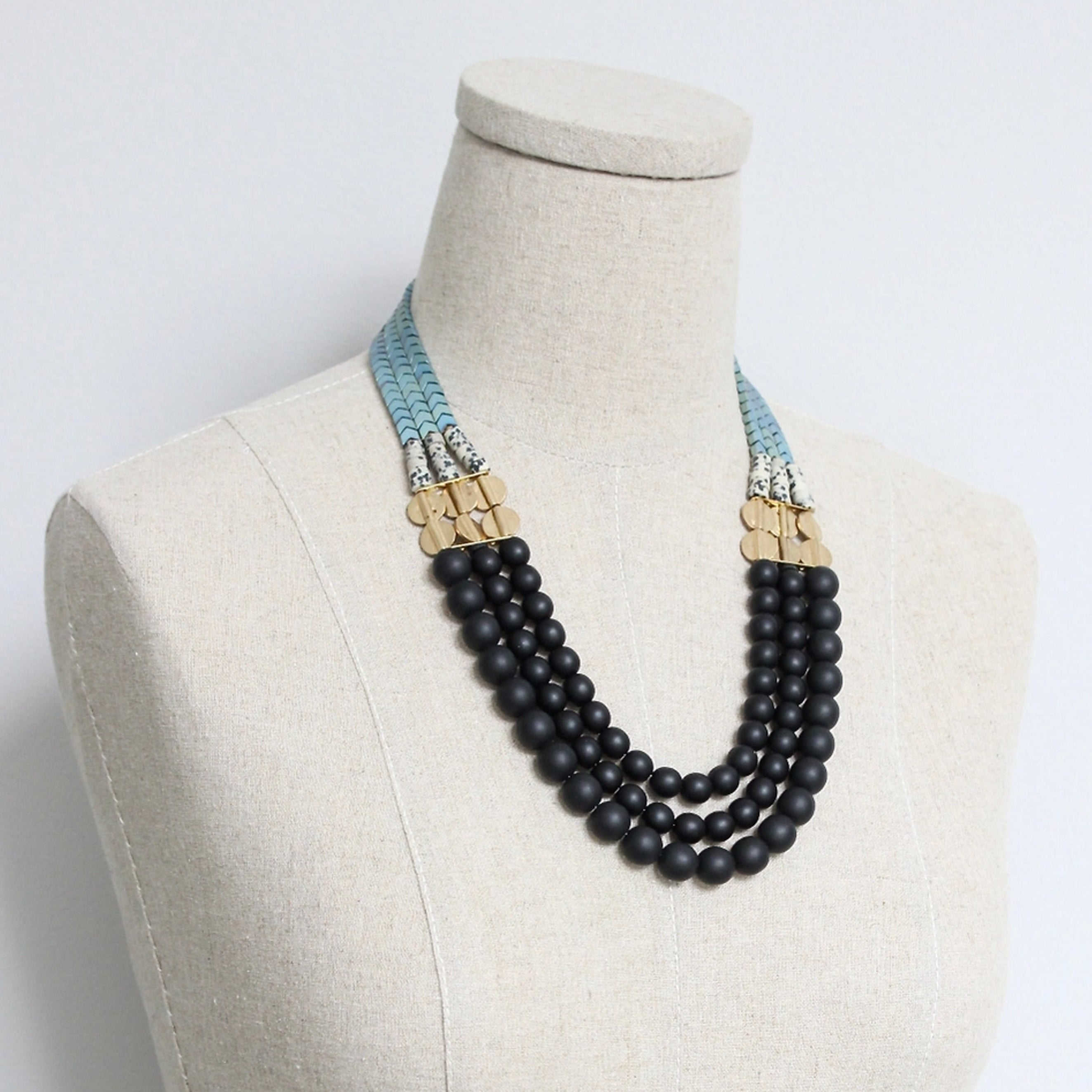 Jet Glass and Hematite Triple Strand Necklace
