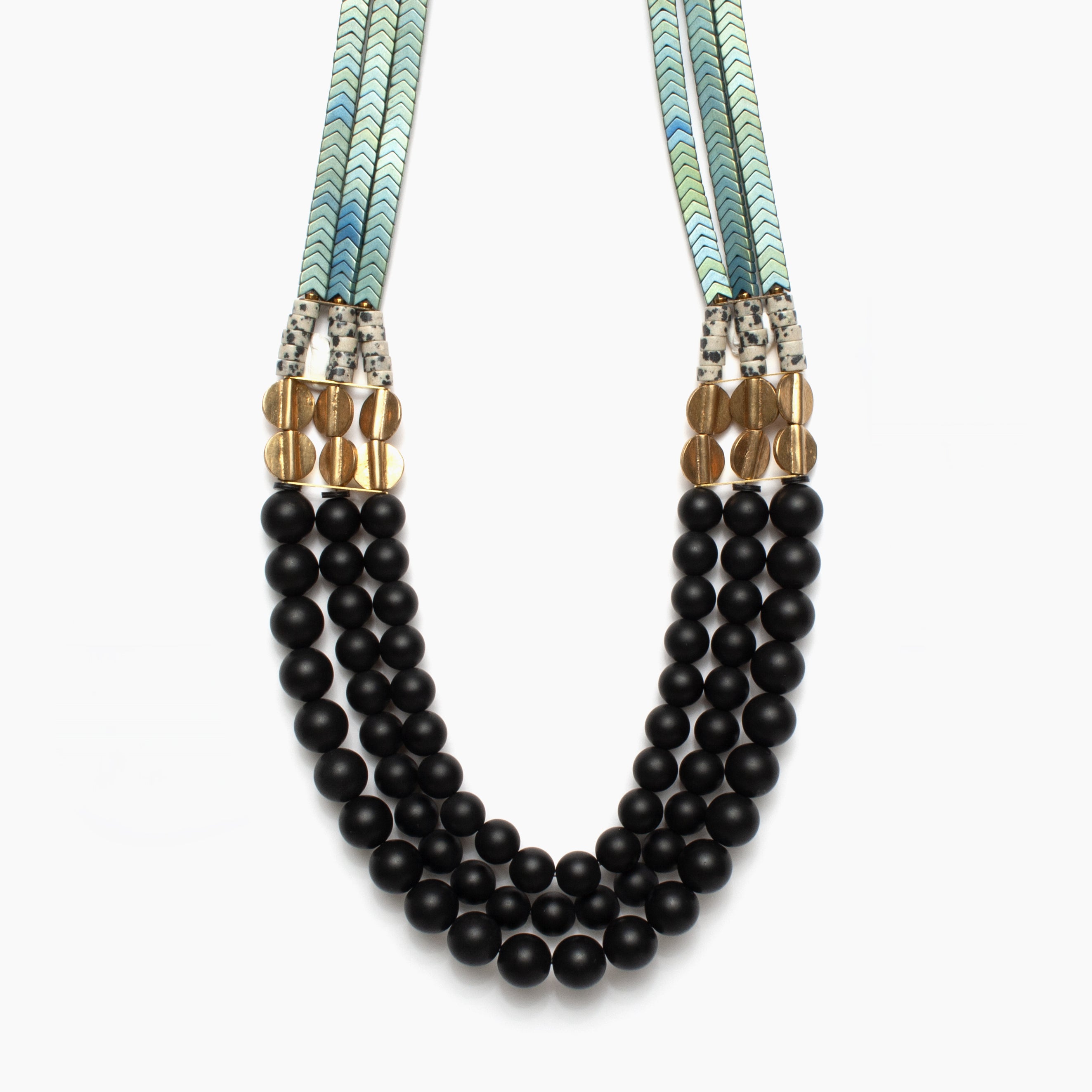 Jet Glass and Hematite Triple Strand Necklace
