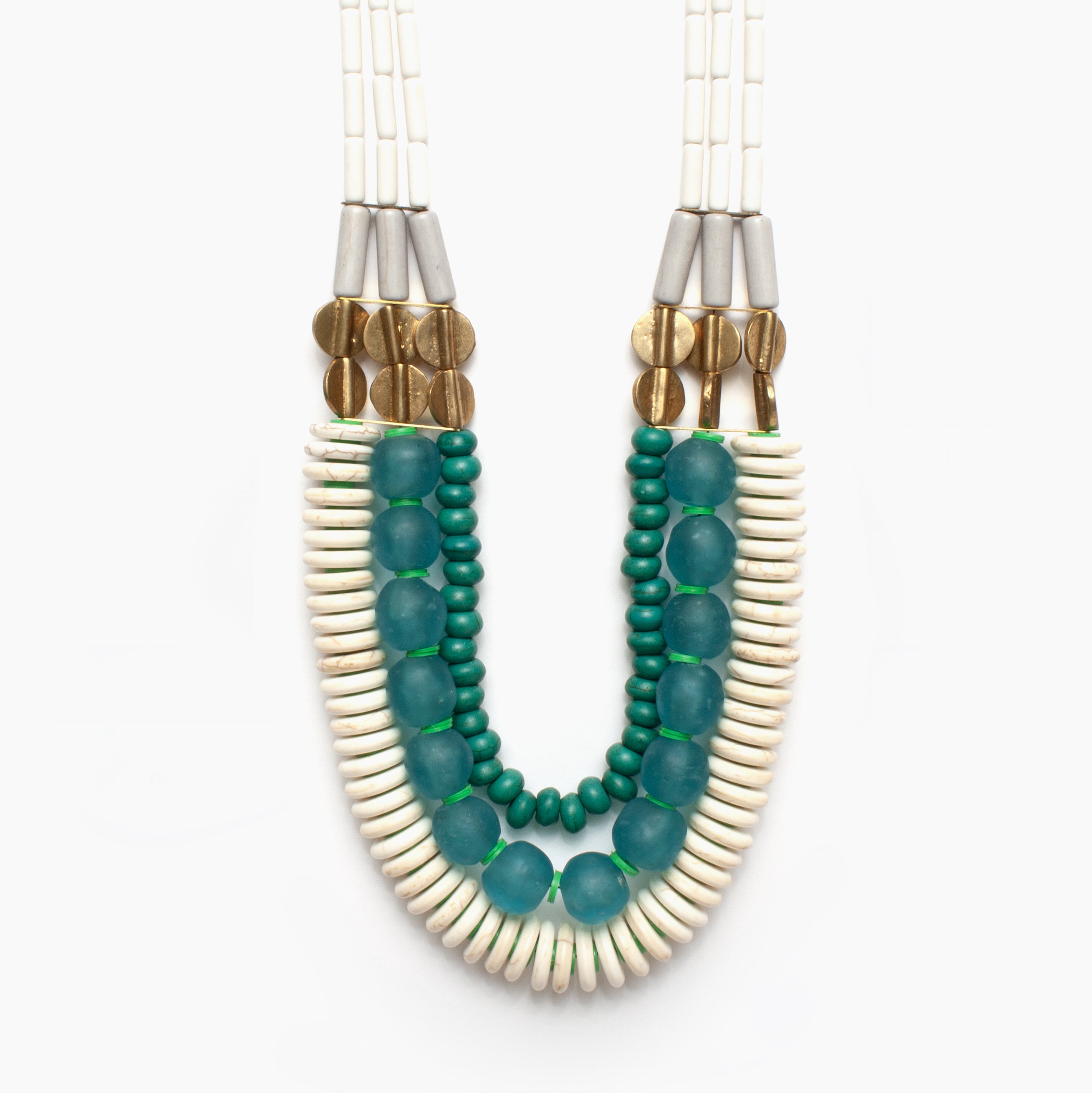 Triple Strand Necklace with White, Aqua Ghana Glass, & Turquoise