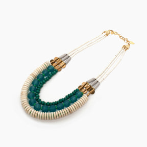Triple Strand Necklace with White, Aqua Ghana Glass, & Turquoise