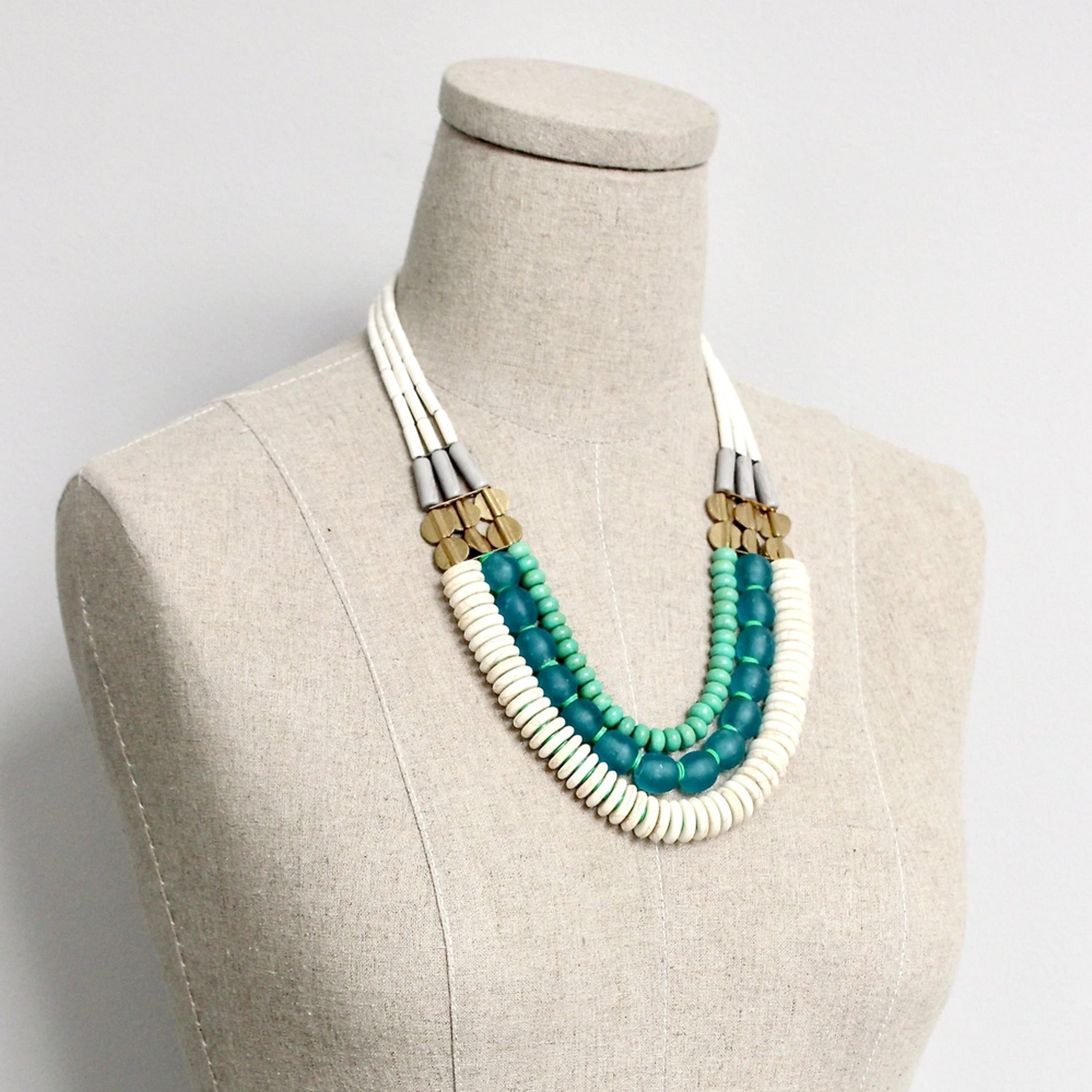 Triple Strand Necklace with White, Aqua Ghana Glass, & Turquoise