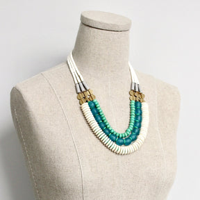 Triple Strand Necklace with White, Aqua Ghana Glass, & Turquoise