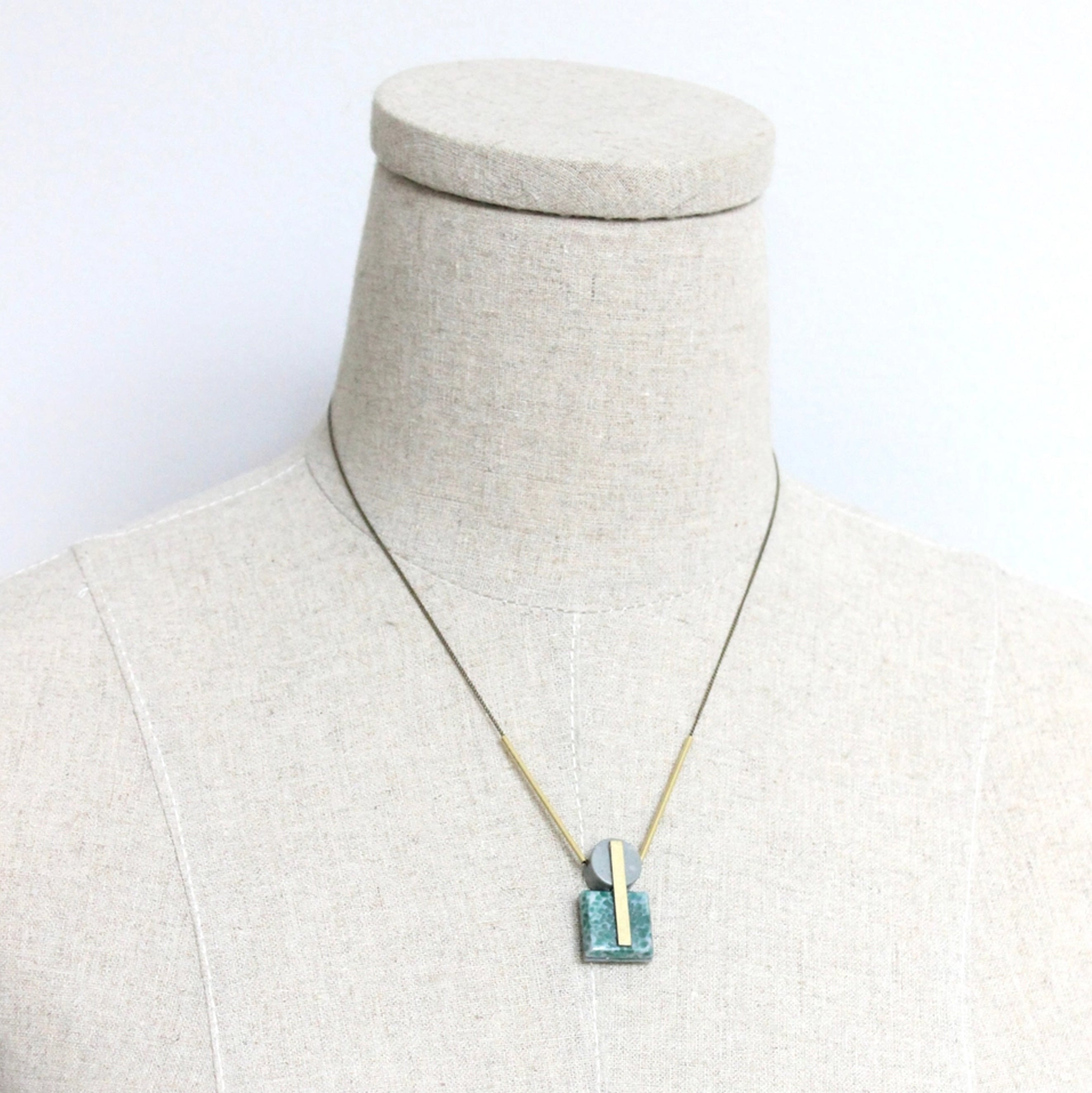 Vintage Glass and Gray Jasper Geometric Pendant Necklace