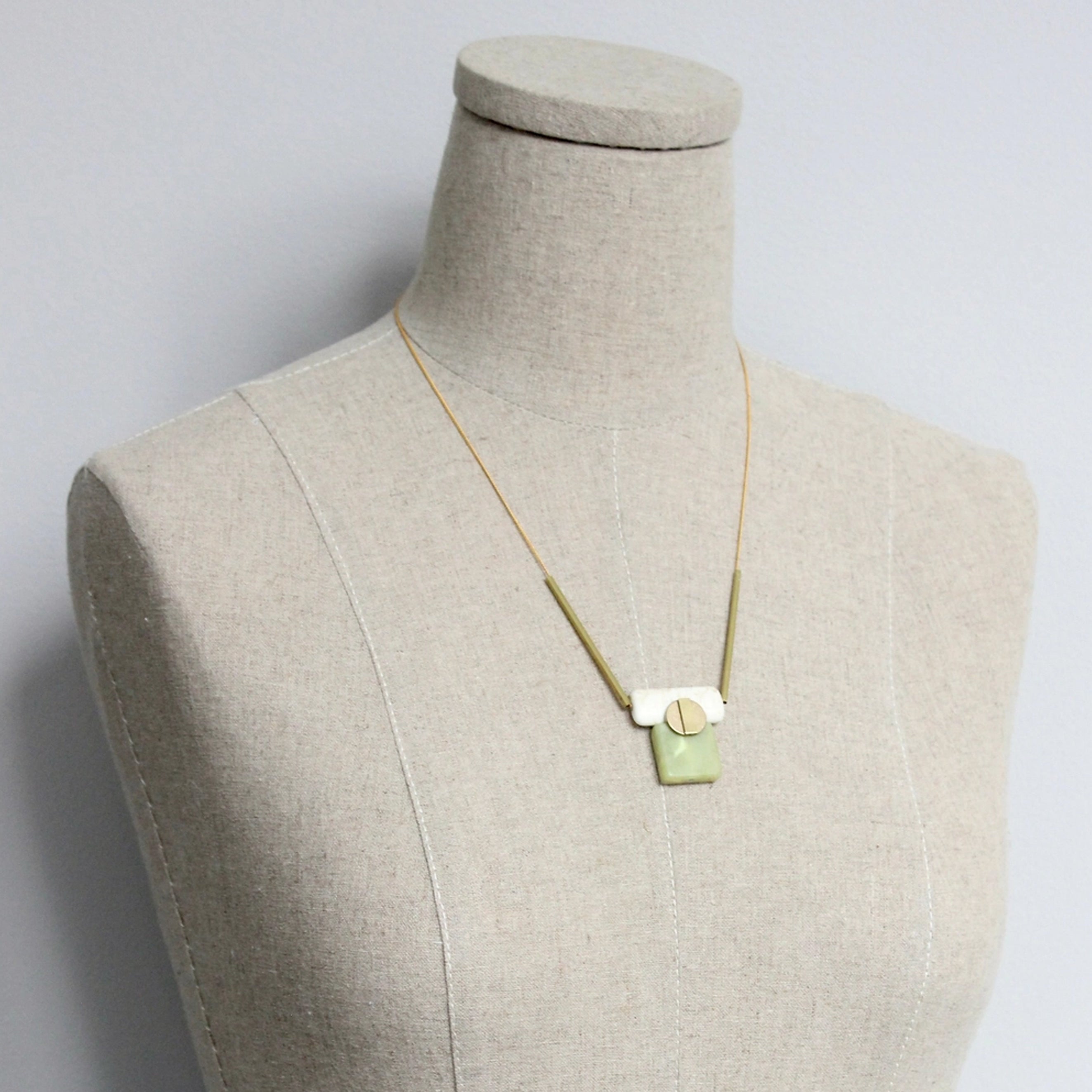 White and Green Stone Geometric Pendant Necklace