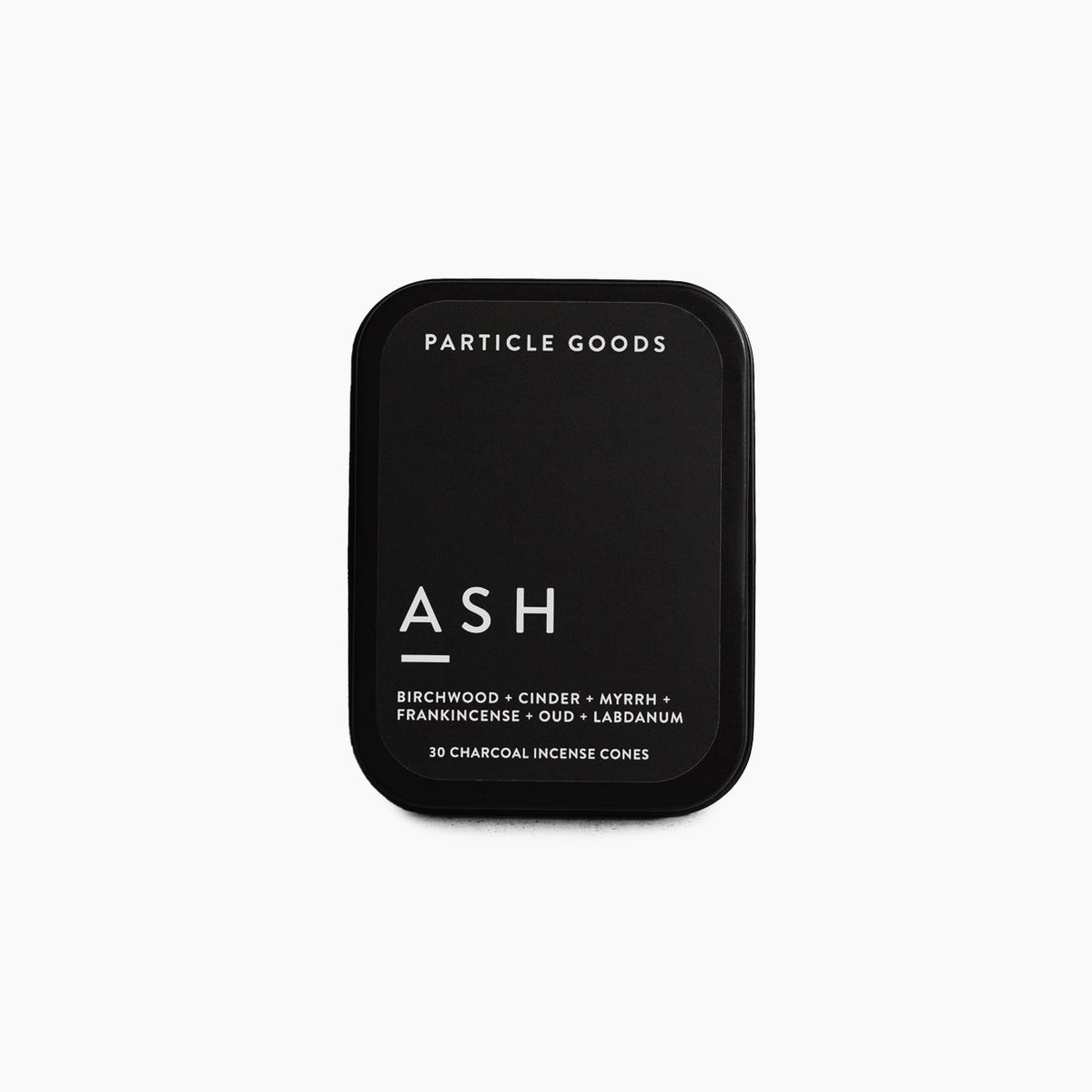 Rectangular matte black tin containing thirty incense cones in the scent Ash. Made by Particle Goods in Seattle, WA.