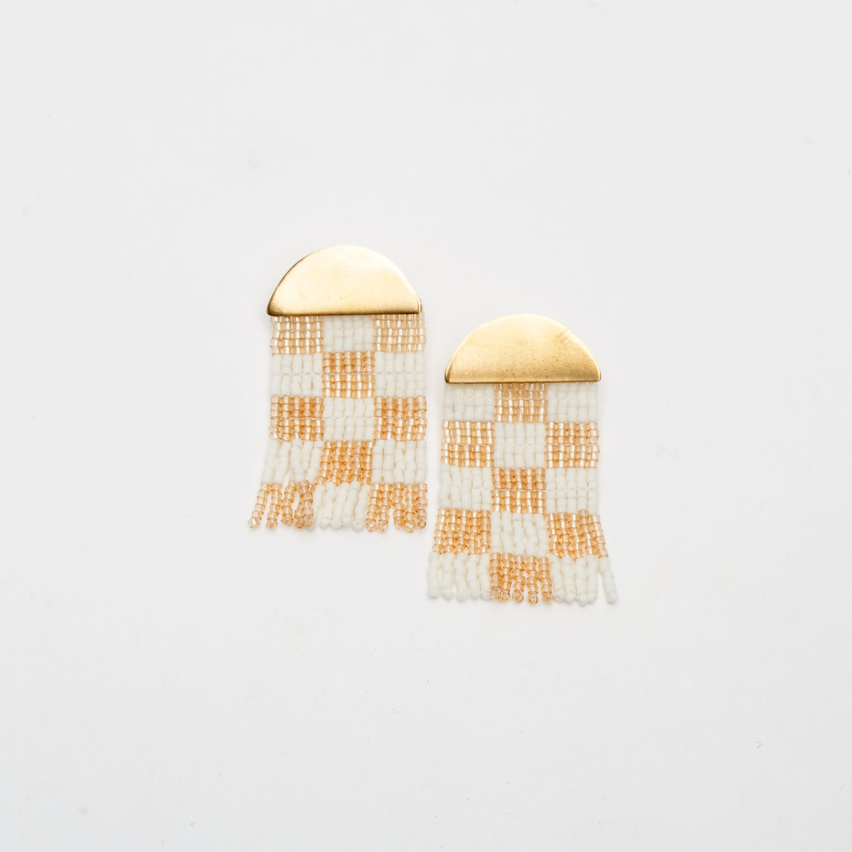 Small Checkerboard Beaded Earrings in White & Champagne