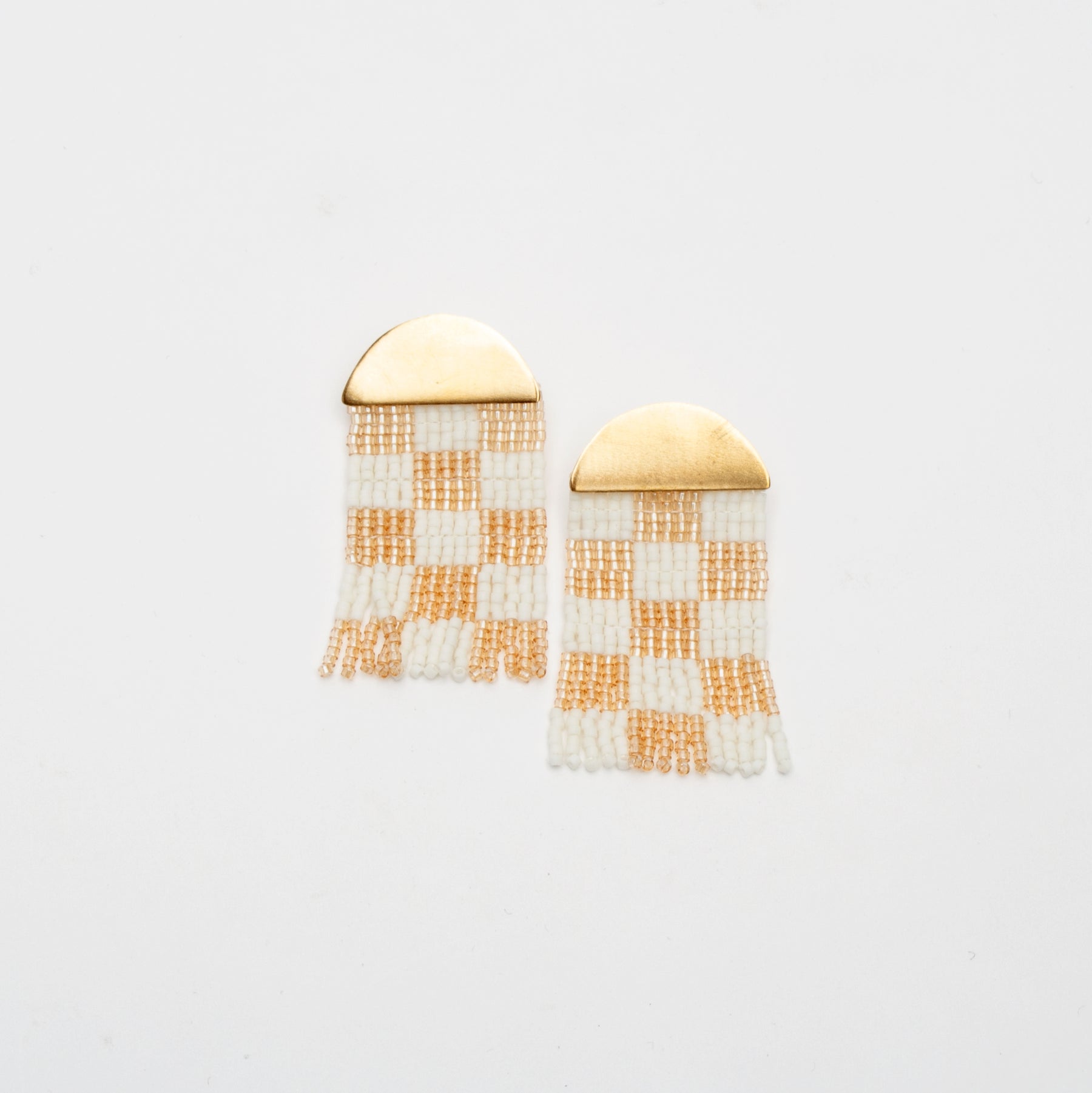 Small Checkerboard Beaded Earrings in White & Champagne