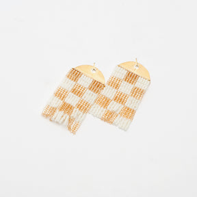 Small Checkerboard Beaded Earrings in White & Champagne