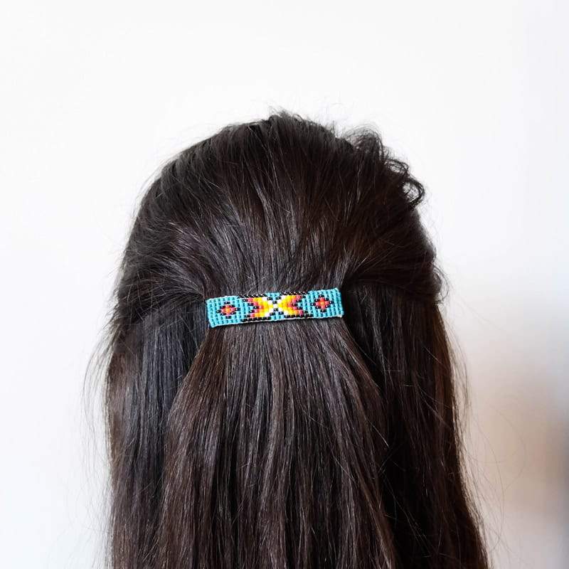 Navajo Beaded Hair Clip Set in Aqua with Exes