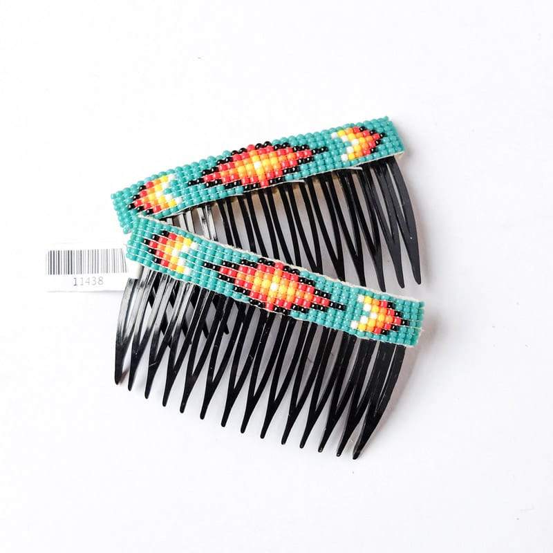 Navajo Beaded Hair Comb Set in Aqua with Diamond Motif
