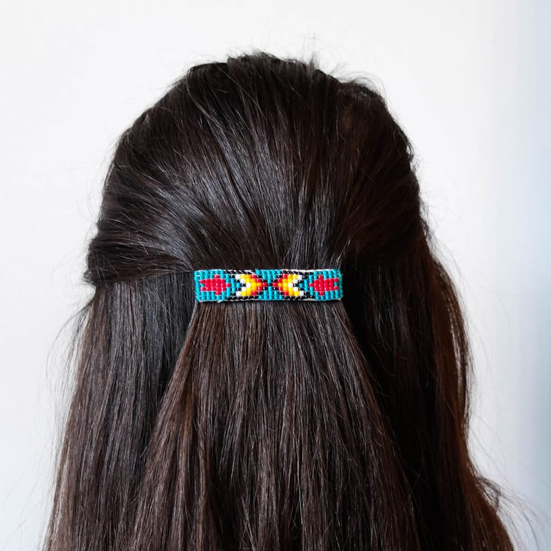 Navajo Beaded Hair Clip Set in Aqua with Red Arrows