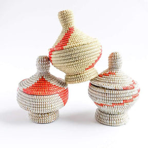 Small Lidded Senegal Basket with Red Accents