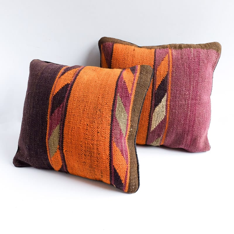 Kilim Pillow in Blocks of Orange, Aubergine and Grey