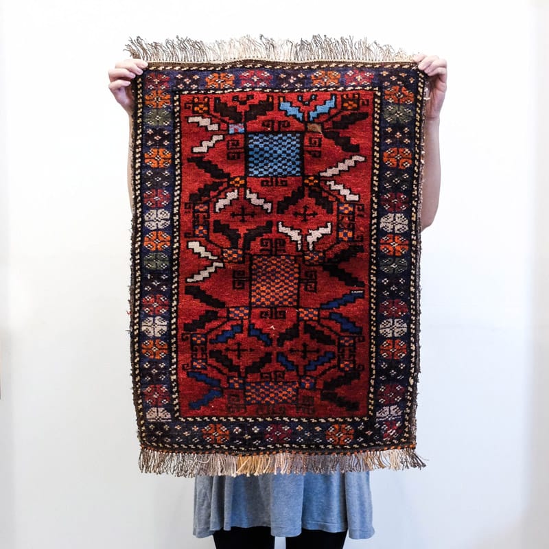 Baluchi Wool Rug in Red with Turquoise Checkerboard