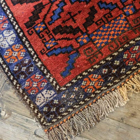 Baluchi Wool Rug in Red with Turquoise Checkerboard
