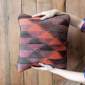 Kilim Pillow in Red, Purple, Black and Grey