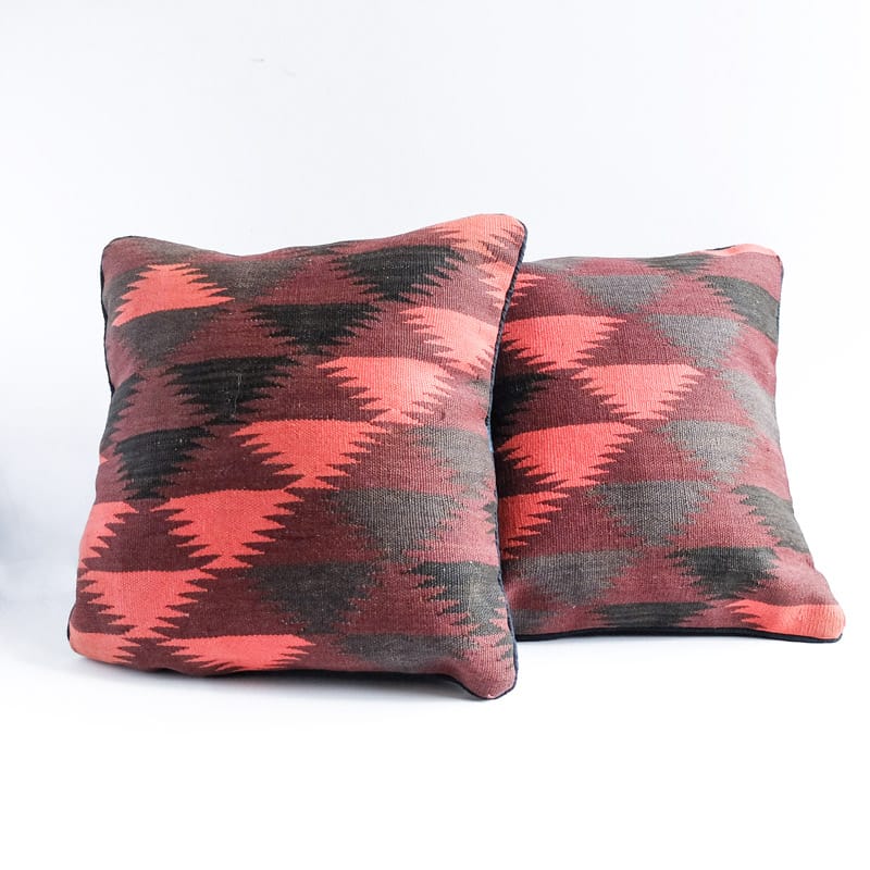 Kilim Pillow in Coral, Aubergine, Black and Charcoal