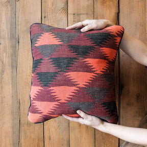 Kilim Pillow in Coral, Aubergine, Black and Charcoal