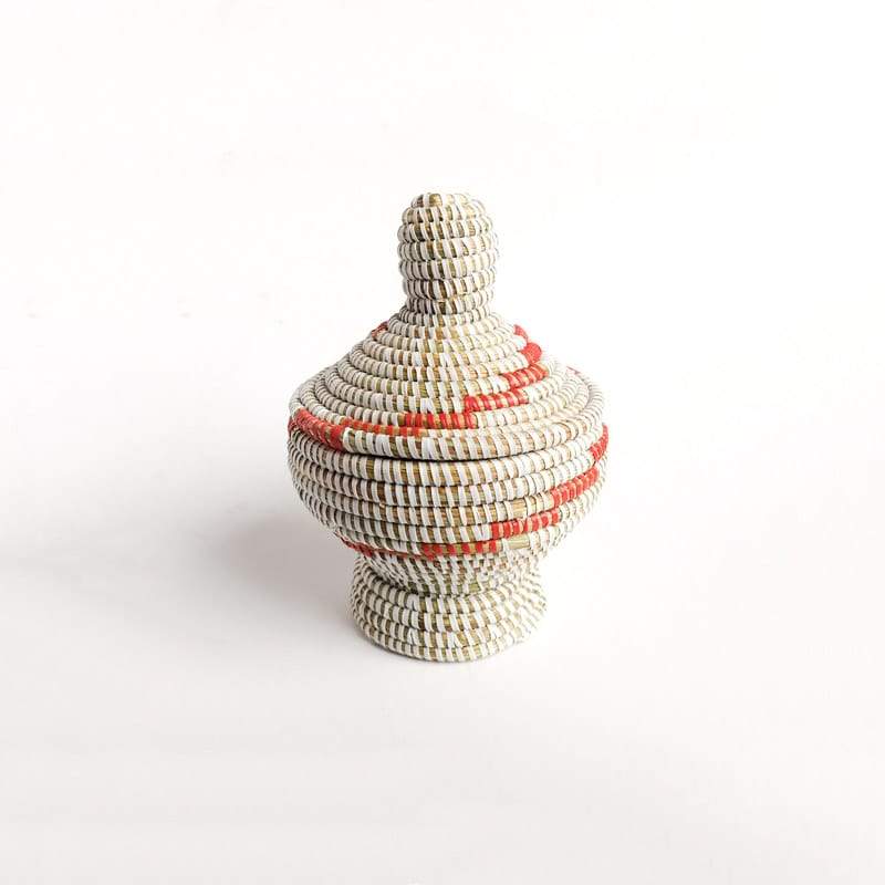 Small Lidded Senegal Basket with Red Accents