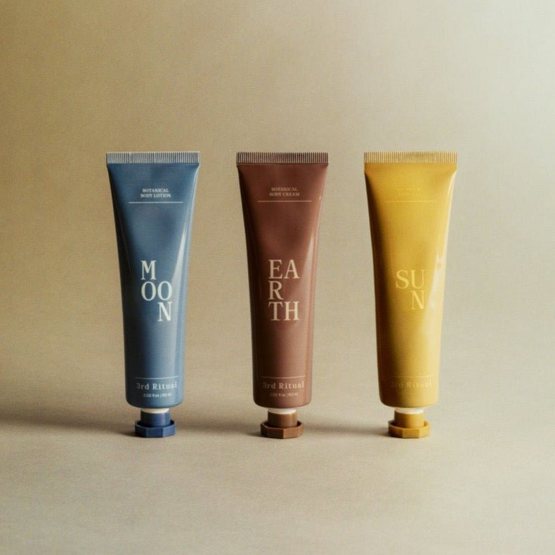 Three tubes of lotion stand up against a tan background. The Apothecary Toolkit is developed and formulated by 3rd Ritual and made in New York City, NY.
