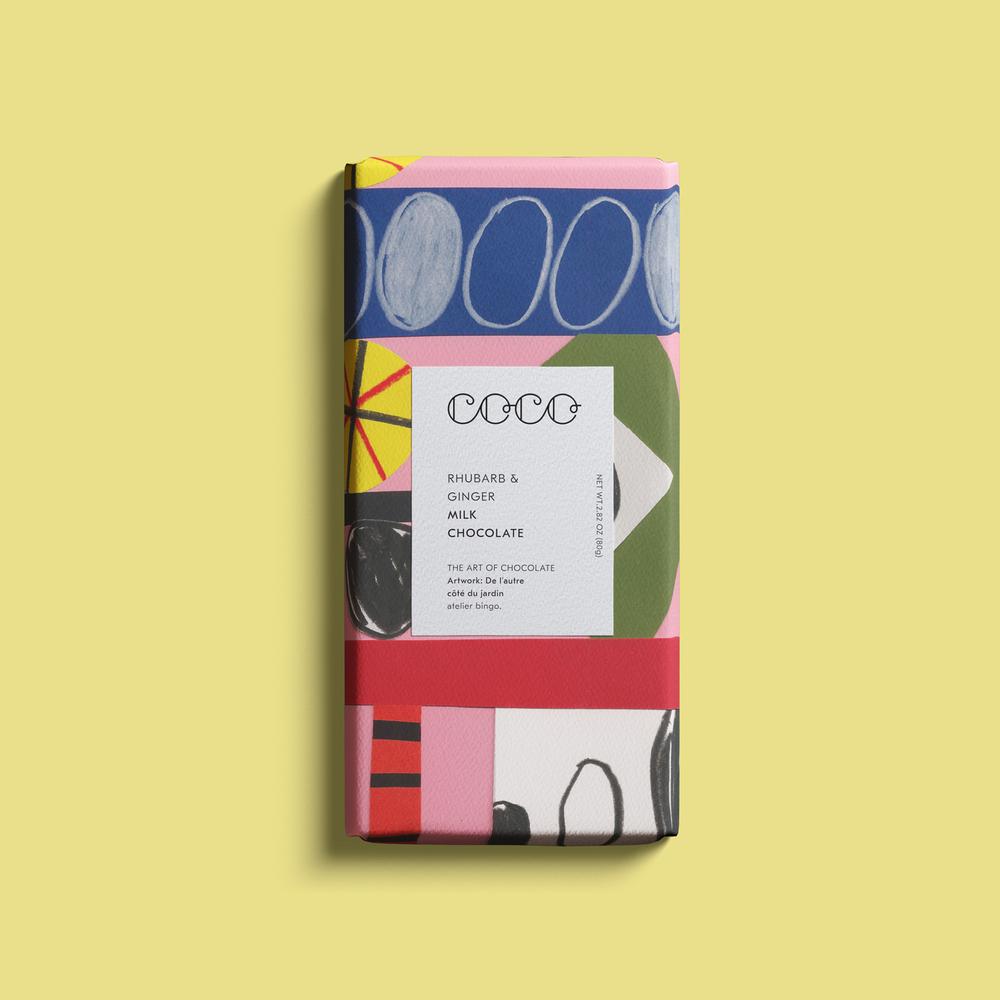 Coco Rhubarb & Ginger Milk Chocolate bar.