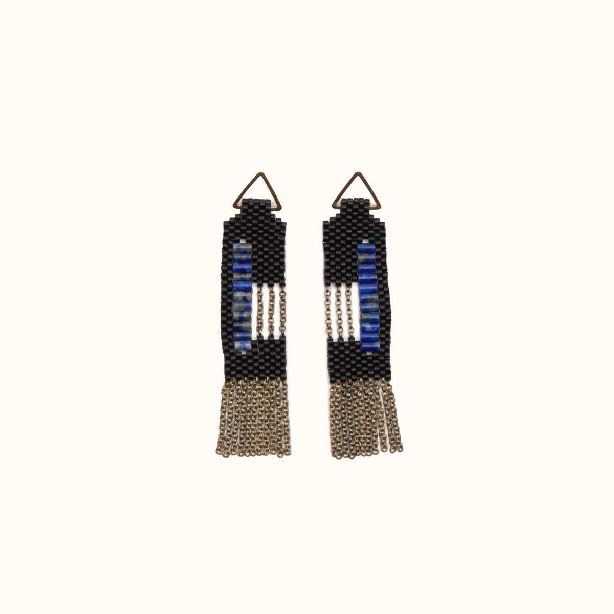 Dangle Earrings made of black and lapis beads and antique brass chains. Handmade in Portland, OR.