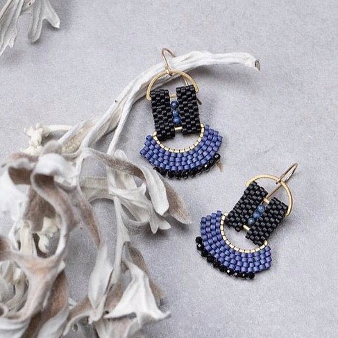 Fan shaped beaded earrings in black and lapis. Handmade by A Nod To Design in Portland, OR.