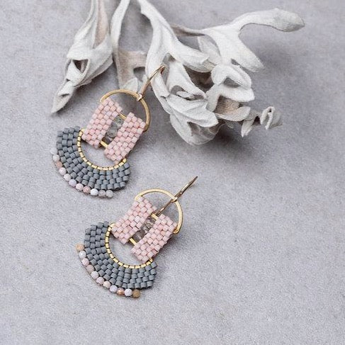 Fan shaped earrings made with labradorite and pink Peruvian opal beads. Handmade by A Nod To Design in Portland, OR.