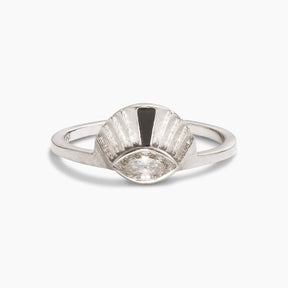 Aestus 14K recycled white gold ring, with marquise lab-grown diamond and Oregon black jasper inlay. Designed and handcrafted in Portland, Oregon
