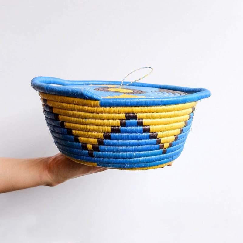 Flat Lidded Handle Basket in Blue and Yellow