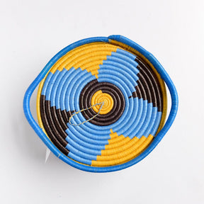 Flat Lidded Handle Basket in Blue and Yellow