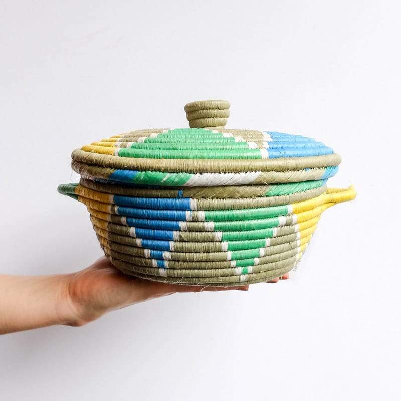 Lidded Handle Basket in Green, Aqua and Yellow