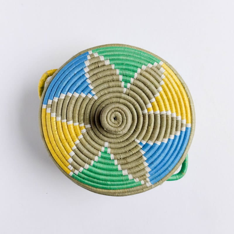 Lidded Handle Basket in Green, Aqua and Yellow