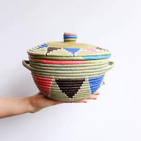 Lidded Handle Basket in Green, Pink, Blue and Brown