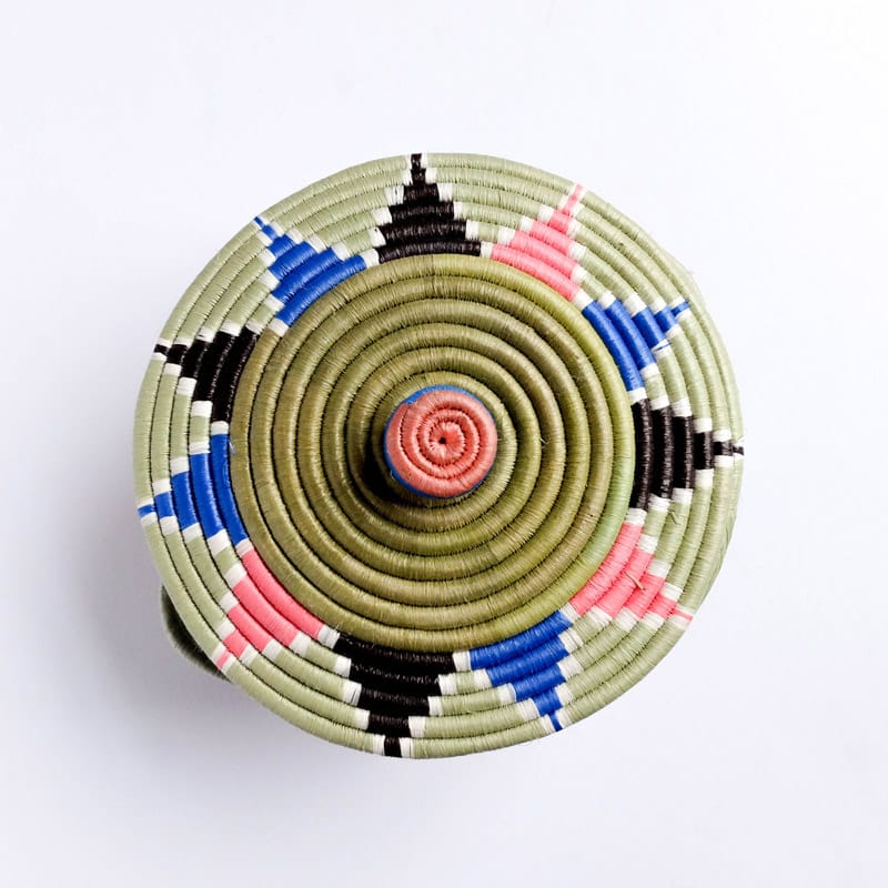 Lidded Handle Basket in Green, Pink, Blue and Brown