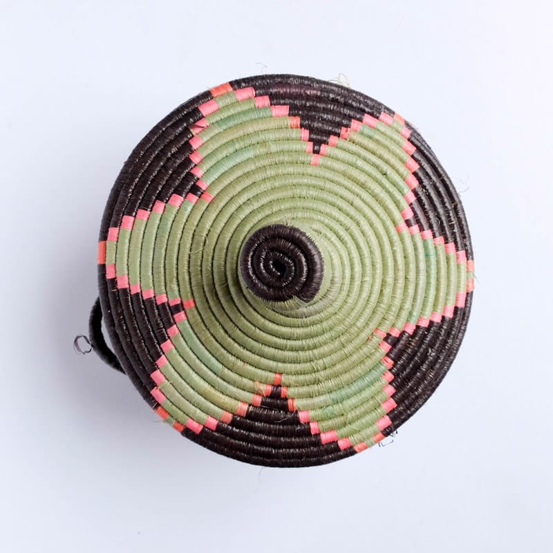 Lidded Handle Basket in Green, Pink and Brown